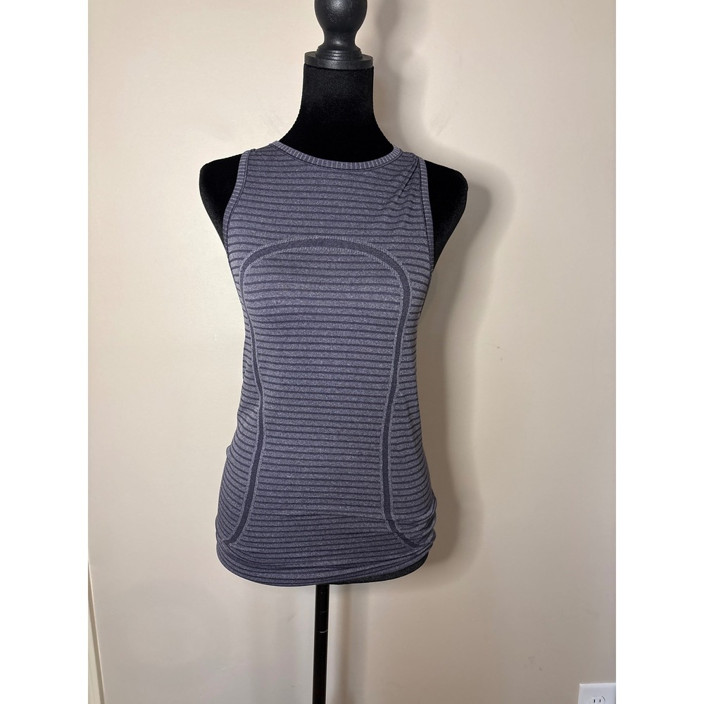 Lululemon Swiftly Tech High Neck Racerback Tank Grey Black Striped Size 4